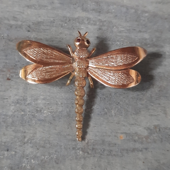 Vintage 18K Yellow Gold Ruby Custom Dragonfly Brooch Pin - Picture 2 of 15